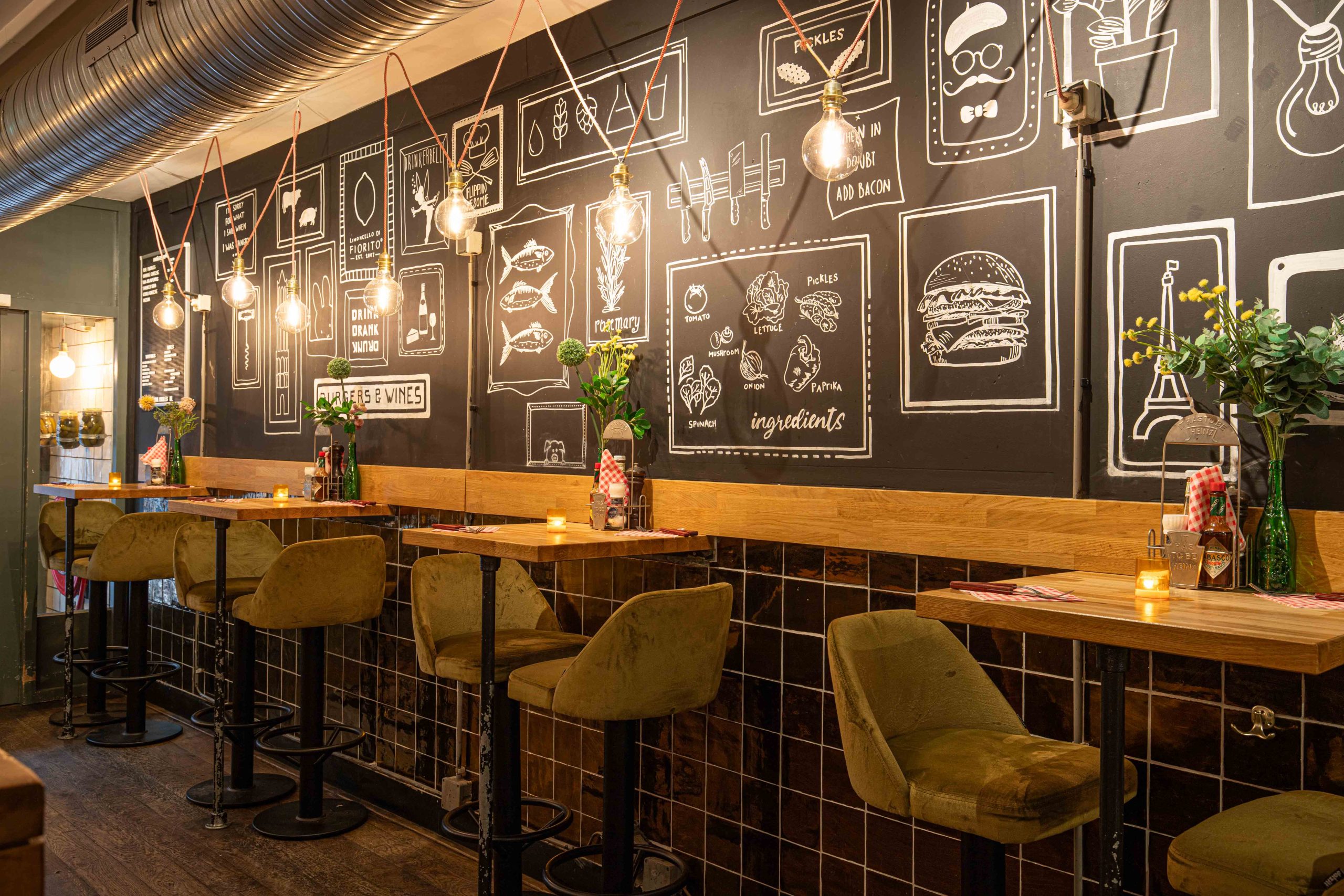 Restaurant interior with chalkboard wall
